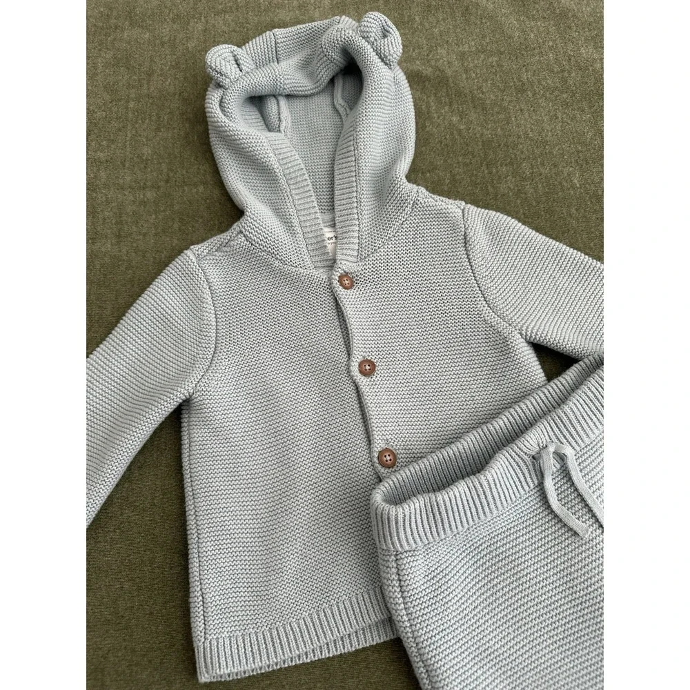 carter's Blue Knit Hooded Bear Sweater & Pants Set 18 Months 2pc Button